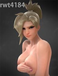 1girls 3d angry angry_face artist_name bare_shoulders big_breasts blizzard_entertainment blonde_hair blue_eyes collarbone covering covering_breasts covering_self embarrassed embarrassed_female female female_only glaring hand_bra looking_at_viewer mercy nail_polish nipples overwatch rwt4184 simple_background solo topless topless_female upper_body upset