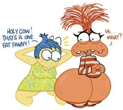 2girls anxiety_(inside_out) ass ass_awe big_areola big_ass big_balls big_breasts big_butt big_penis big_thighs blue_hair breasts disney girl girls huge_ass inside_out inside_out_2 joy_(inside_out) orange_body orange_skin penis pixar size_talk text theslashfive yellow_skin