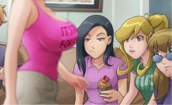 4girls black_hair blonde_hair breast_envy breasts cupcake glasses large_breasts pink_shirt purple_eyes shotgun_shuffle_(webcomic) yellow_eyes