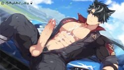 1boy ai_generated anal bara bare_pectorals black_hair cum gay genshin_impact male male_focus male_only methylated_dog muscular muscular_male penis solo solo_male wriothesley_(genshin_impact) yaoi