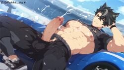 1boy ai_generated anal bara bare_pectorals black_hair cum gay genshin_impact male male_focus male_only methylated_dog muscular muscular_male penis solo solo_male wriothesley_(genshin_impact) yaoi