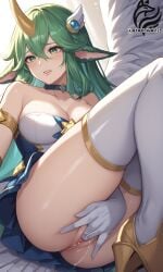 ai_assisted ai_generated ayakonarts green_eyes green_hair high_heels league_of_legends masturbation soraka star_guardian_series star_guardian_soraka