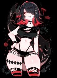 black_hair choker ellen_joe goth goth_girl hair hair_ornament midriff navel red_eyes red_hair ripped_stockings shark shark_girl shark_tail short_shorts shorts tail thick_thighs thigh_highs thighhighs thighs thong_above_shorts thong_straps usa37107692 whale_tail zenless_zone_zero