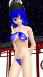 1girls 3d arms_behind_back blue_bikini blue_eyes blue_hair breasts building character_name cleavage clothes_writing hati_yukkuri_mmd hecatia_lapislazuli hecatia_lapislazuli_(earth) looking_at_viewer mmd night outdoors short_hair solo touhou