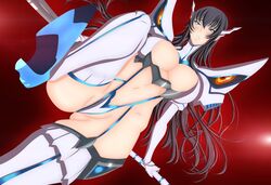 1girls armor bakuzan bikini_armor black_hair breasts cleavage color female garter_straps junketsu kill_la_kill kiryuuin_satsuki large_breasts long_hair midriff navel partially_clothed red_background simple_background standing suspenders very_long_hair voluptuous