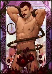 1boy abs amber_eyes arms_behind_head artist_name bara beard_stubble beauty_mark biceps completely_nude dark-skinned_male dark_hair dark_skin dorian_pavus dragon_age dragon_age_inquisition ear_piercing earrings facial_hair flowers gay_male human human_only jewelry looking_at_viewer mage male male_only male_pubic_hair mole moustache muscles muscular muscular_male naked naked_male necklace nipples no_visible_genitalia nude nude_male pecs pendant piercing pockyrumz pubic_hair rumlockerart seductive seductive_look smooth_armpits smooth_chest snake snake_ornament solo solo_male standing standing_position stubble teasing video_games