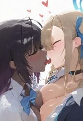 2girls ai_generated asuna_(blue_archive) big_breasts blue_archive breast_squeeze breast_to_breast breasts breasts_against_breasts dark-skinned_female female/female heart-shaped_pupils interracial karin_(blue_archive) kissing lesbian_couple lesbians light-skinned_female miurai tongue tongue_kiss tongue_to_tongue yuri