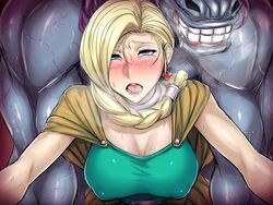 ahe_gao allegro_(artist) bianca_whitaker black_beat blonde_hair blue_eyes blush braid clothed_sex clothing dragon_quest dragon_quest_v earrings erect_nipples erect_nipples_under_clothes female from_behind horse jyami kon_the_knight large_breasts male monster open_mouth sex single_braid sweat