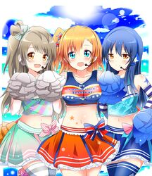 3girls aqua_eyes bare_shoulders blue_hair blue_sky brown_hair cheerleader female female_only headset highres human kousaka_honoka long_hair looking_at_viewer love_live! love_live!_school_idol_project minami_kotori multiple_females navel open_mouth orange_hair pom_poms shinekalta short_hair side_ponytail skirt sky smile sonoda_umi star yellow_eyes