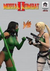 2girls 3d big_breasts blonde_hair caption cassie_cage catfight chick comics dark-skinned_female dark_skin female female_only fully_clothed jade mortal_kombat parody