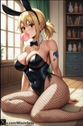 1girls ai_generated big big_breasts blowing breasts brown_eyes bubble bubblegum bunny bunny_costume bunny_ear bunny_girl bunnysuit chewing ear fairy_tail female_focus fishnet_legwear fishnets gum lucy_heartfilia miss_io yellow_hair