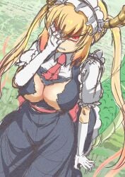 1girls angry big_breasts clenched_teeth death_stare dragon_girl dragon_horns female horns kobayashi-san_chi_no_maidragon miss_kobayashi's_dragon_maid ozrereresan red_eyes solo tohru_(dragon_maid) torn_clothes