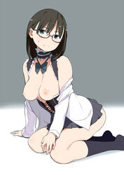 bare_shoulders black_hair black_legwear bow bowtie breasts corset female female glasses green_eyes kneeling legs looking_at_viewer nipples nora_higuma open_clothes open_shirt original skirt solo sweat