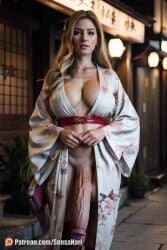 1futa ai_generated breasts cleavage detailed dickgirl futanari hi_res highres huge_cock hung_futanari japanese_clothes kimono large_breasts long_hair outdoor_nudity outdoors penis penis_to_the_knees realistic sensanari solo veins