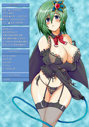 blush breasts cameltoe cleavage crossed_legs detached_collar elbow_gloves female female_only final_fantasy final_fantasy_iv fishnet_legwear fishnets garter_belt garter_straps gloves green_hair hair_ornament hips human labia large_breasts lingerie navel nipple_slip nipples panties rydia see-through sheer side-tie_panties skindentation solo strap_slip text thigh_gap thighhighs translation_request underwear whip yasakani_an