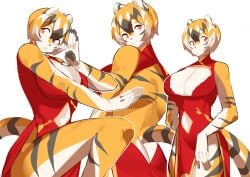 big_breasts breasts cleavage feline female furry huge_breasts mei_xiang mx99926 navel navel_cutout open_mouth orange_eyes original smile thick_thighs tiger tiger_girl wide_hips