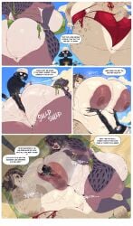 absurd_res anthro areola ass big_breasts big_butt bikini bikini_thong biped bodily_fluids breast_squish breasts breasts_frottage clothed clothing comic dialogue domestic_cat english_text felid feline felis female fisting group group_sex hand_on_breast hi_res huge_breasts huge_butt lying male male/female mammal multicolored_body nipples on_side on_towel outside penetration red_clothing roly sex size_difference smaller_male speech_bubble squish sweat swimwear text thick_thighs threesome topless towel trio two-piece_swimsuit