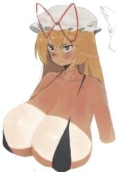 1girls big_breasts black_eyes blonde_hair blush_lines breasts hat huge_breasts light-skinned_female long_hair mature_female nyztsune signature sling_bikini sling_bikini_top solo solo_female touhou watermark white_background yukari_yakumo