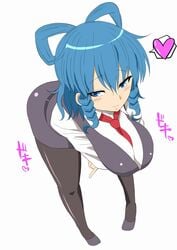 bent_over blue_eyes blue_hair blush breasts chin_(motio7201) clothed clothing collared_shirt hanging_breasts heart huge_breasts necktie seiga_kaku shirt skirt touhou vest