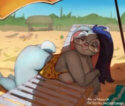 2024 ass beach beach_chair blue_fur blue_hair breasts closed_eyes female female_focus female_only furry glasses long_hair nipples one-piece_swimsuit original original_character rabbit rabbit_girl robyn_(sniffsnorf) sniffsnorf swimsuit thick_thighs thighs