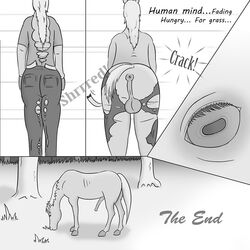 animal_genitalia anus ass balls clothing comic equine eyes feral forest grass horse horsecock human hunger male male_only mammal mane monochrome pants penis ripping shred solo transformation tree werehorse