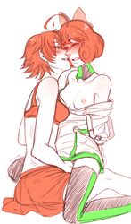 2girls android arms_behind_back blue_eyes blush bra breasts breasts_out closed_eyes duo female female_only fingering height_difference human imminent_kiss medium_hair multiple_girls nipples nora_valkyrie orange_hair penny_polendina rubbing_pussy rwby yatayo yuri