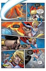 1boy 1girls blonde_hair blue_eyes breasts comic dc dc_comics english_text harley_quinn_and_power_girl large_breasts official_art power_girl punch screencap volcano