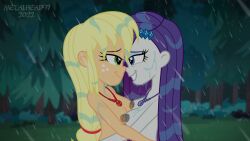 2022 2girls applejack_(eg) blonde_hair breasts equestria_girls eskimo_kiss friendship_is_magic green_eyes hug lesbian looking_at_another metalhead97 my_little_pony nipples nipples_touching nose_to_nose noses_touching purple_eyes purple_hair raining rarity_(eg) smile wet white_skin yuri