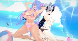 2girls 3d ahoge animal_ears areola_slip areolae arms_behind_head arms_crossed arms_up ass beach beach_ball big_areola big_ass big_breasts big_nipples bikini black_hair blue_eyes blue_hair breasts brown_eyes cat_ears cat_tail catgirl choker deluxe_rosie demon_girl demon_horns demon_tail erect_nipples eyes_visible_through_hair female female_only grey_hair heart_ahoge heterochromia hips hourglass_figure huge_breasts indie_virtual_youtuber light-skinned_female light_skin lipstick long_hair looking_at_viewer micro_bikini miwo_(vtuber) multicolored_hair nipple_bulge ocean on_knees open_mouth orange_eyes outdoors pink_hair pink_nails pubic_tattoo rosie_(vtuber) sand sitting sky string_bikini sun tail tan-skinned_female tan_body tan_skin tanline tattoo thick_thighs thighs thin_waist tongue twintails virtual_youtuber wide_hips yellow_nails