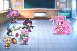 big_female big_hair blue_hair chibi fight fighting green_eyes green_hair group heroine magic_user magical_girl maid maid_headdress maid_uniform monster monster_girl nurse nurse_cap nurse_uniform nutaku pink_eyes pink_hair project_qt red_eyes slime slime_(substance) slime_girl slime_girl_(project_qt) slime_monster villainess weapon weapons white_hair yellow_eyes