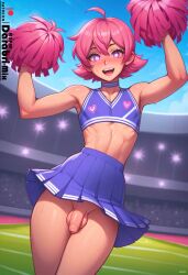 1boy abs ai_generated armpits arms_up bottomless cheerleader cheerleader_outfit cheerleader_uniform crop_top crowd crowd_watching cute darabri-mix excited eye_contact femboy feminine_male flaccid flaccid_penis gay girly heart-shaped_pupils logo open_mouth otoko_no_ko patreon patreon_logo penis pink_hair purple_eyes shuichi_shindou skirt stadium stadium_background sweat thighs toned trap upskirt yaoi