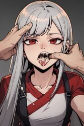 ai_generated ceremon_vaughan clothes cum cum_in_mouth cum_on_tongue finger_in_mouth hero_killer ihwa long_hair open_mouth red_eyes short_sleeves silver_hair tongue tongue_out webtoon