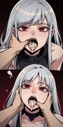 ai_generated ceremon_vaughan cum cum_in_mouth cum_on_tongue finger_in_mouth hero_killer ihwa red_eyes silver_hair tongue tongue_out webtoon