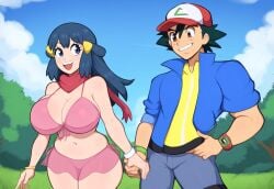 1boy 1boy1girl 1girls aged_up ai_generated black_hair dawn_(pokemon) duo female hat huge_breasts male/male mullon muscular_male night_dress novelai outdoors panties pokemon pokemon_(anime) pokemon_dppt satoshi_(pokemon) smile