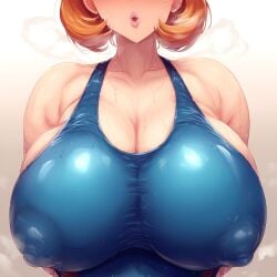 1:1_aspect_ratio ai_generated alternative_bust_size areolae bare_shoulders blue_one-piece_swimsuit blue_swimsuit blush breast_slip breasts brown_hair clavicle cleavage clothing competition_swimsuit covered_erect_nipples curvaceous erect_nipples erect_nipples_under_clothes female female_only flamingpassion head_out_of_frame huge_breasts kasumi_(pokemon) large_breasts lips looking_at_viewer mature milf misty_(pokemon_hgss) mommy nipples one-piece_swimsuit open_mouth orange_hair parted_lips pokemon pokemon_character pokemon_gsc pokemon_hgss puffy_areolae shiny shiny_skin short_hair simple_background skin_tight solo sweat sweatdrop swimsuit tank_suit upper_body wardrobe_malfunction wet wet_clothes white_background wide_hips