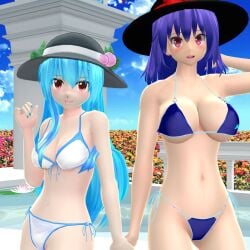 2girls 3d arm_behind_head bikini black_bikini black_hat blue_hair cleavage clothes_writing hati_yukkuri_mmd hinanawi_tenshi iku_nagae large_breasts long_hair looking_at_viewer medium_breasts mmd multiple_girls nagae_iku navel outdoors purple_hair red_eyes short_hair tenshi_hinanawi touhou white_bikini