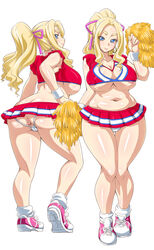 anus areolae ass blonde blonde_female blonde_hair blue_eyes breasts cheerleader earrings erect_nipples female hair_ornament hair_ribbon highres huge_breasts long_hair milf miniskirt muffin_top multiple_persona navel original panties ponytail r44 ribbon shoes sideboob simple_background skirt sneakers thigh_gap tied_hair underboob white_background wide_hips