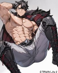 1boy ai_generated anal bara bare_pectorals black_hair cum gay genshin_impact male male_focus male_only methylated_dog muscular muscular_male penis solo solo_male wriothesley_(genshin_impact) yaoi