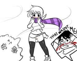 1boy 1girls black_hair blood blush bush clothing crablouse dialogue glasses homestuck human john_egbert ms_paint_adventures no_panties nosebleed open_mouth pussy roxy_lalonde scarf short_hair skirt_lift text upskirt white_background white_hair white_skin wind