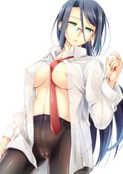 ayano_naoto black_hair breasts erect_nipples female glasses green_eyes highres large_breasts long_hair necktie nipples no_bra no_panties open_clothes open_mouth open_shirt original pantyhose pubic_hair rimless_glasses see-through sheer shirt solo