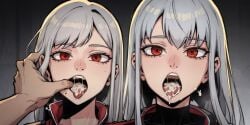 ai_generated ceremon_vaughan cum cum_in_mouth cum_on_tongue finger_in_mouth hero_killer ihwa red_eyes silver_hair tongue tongue_out webtoon