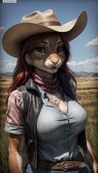 ai_generated anthro artist_name belt breasts brown_eyes cleavage cowboy_hat cowboy_western day denim female female_anthro furry furry_female hat hi_res high_resolution highres jeans large_breasts long_hair looking_at_viewer outdoors photorealistic realistic shirt sky solo stable_diffusion twitter twitter_username vest watermark yiffyjiffy2 yiffyjiffy69