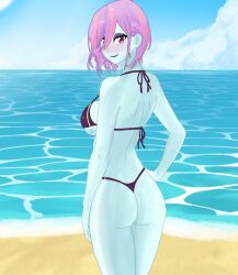 1girls back-tie_bikini beach big_breasts bikini bikini_bottom bikini_top blush deviantart deviantart_link equestria_girls female hand_on_hip hasbro large_breasts looking_at_viewer looking_back looking_back_at_viewer medium_ass pink_eyes pink_hair sand sarahthefox97 short_hair solo sunny_flare sunny_flare_(eg) turquoise_body water wet_body wet_hair