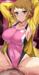 1boy 1girls arms_behind_head ass_visible_through_thighs blue_eyes blurry blurry_background breasts brown_hair clothed_sex clothing_aside covered_navel cowboy_shot female female_human fit_female groin gundam gundam_build_fighters highleg highleg_one-piece_swimsuit highres hoshino_fumina human human_male jacket large_breasts light-skinned_female long_hair looking_at_viewer multicolored_clothes multicolored_swimsuit nirowata one-piece_swimsuit pink_one-piece_swimsuit ponytail sex slim_waist solo straddling swimsuit swimsuit_aside vaginal_penetration variant variant_set wide_hips yellow_jacket