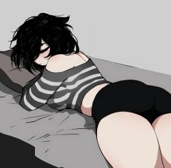 2024 2d 2d_(artwork) artist_request ass black_hair black_shorts emo exposed_shoulders exposed_stomach jpeg no_bra short_hair shorts sleeping thighs tired