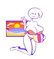 beach beach_ball big_breasts bikini dogmintz lita_(superwiibros08) looking_at_viewer orange_bikini pamvllo v_sign white_background white_body winking_at_viewer