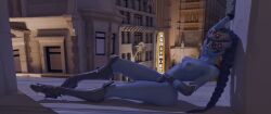 1girls 3d biting_lip biting_own_lip blue_skin holding_leg long_legs looking_at_viewer lying_on_back miini naked no_bra no_panties overwatch overwatch_2 small_breasts sole_female widowmaker