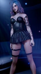 3d 3d_(artwork) blue_eyes blue_hair casual_exposure clown clown_girl clown_makeup frozen_spaces lips nopixel pink_hair public public_exposure pussy_lips pussy_peek short_skirt sooty_gamwich tattoo_on_legs tattooed_arm tattoos