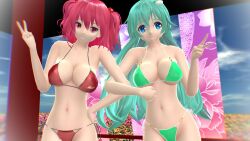 2girls 3d bikini blue_eyes breasts character_name cleavage clothes_writing green_bikini green_hair hair_bobbles hati_yukkuri_mmd kochiya_sanae komachi_onozuka large_breasts long_hair looking_at_viewer mmd multiple_girls navel onozuka_komachi outdoors pink_eyes pink_hair red_bikini sanae_kochiya smile touhou two_side_up v