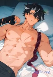 1boy ai_generated anal bara bare_pectorals black_hair cum gay genshin_impact male male_focus male_only muscular muscular_male penis solo solo_male wriothesley_(genshin_impact) yaoi